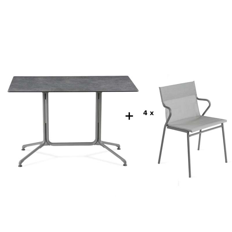 Lafuma Horizon Tisch-Set Loungetisch 115x70x74,5 cm Mineral 4 Stühle Pearl