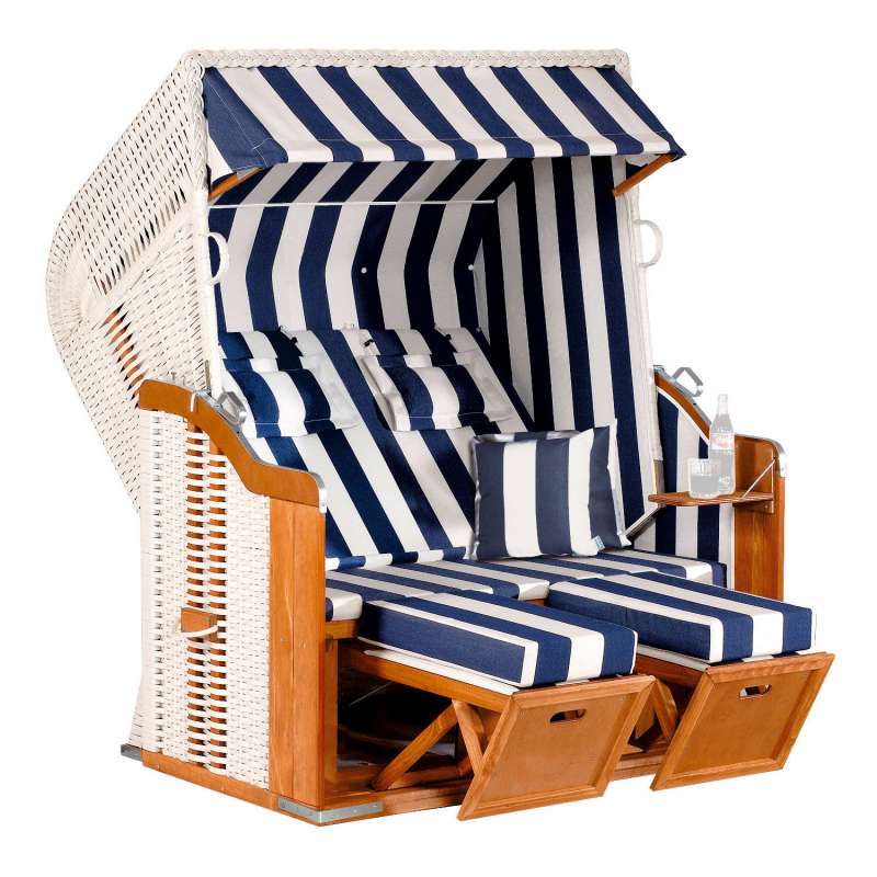 SunnySmart Garten-Strandkorb Rustikal 250 PLUS 2-Sitzer XL weiß/blau mit Kissen