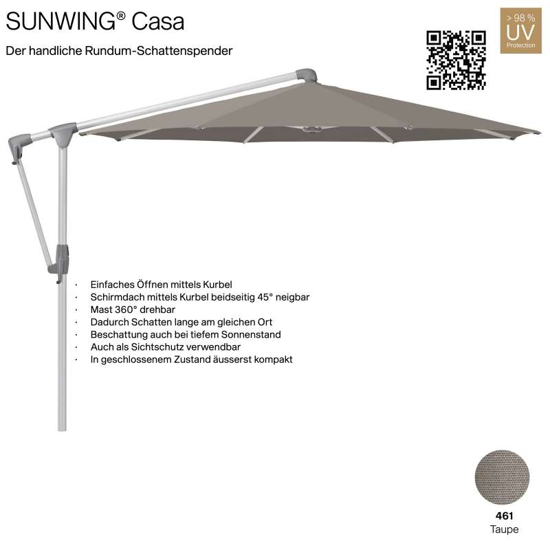 GLATZ Sonnenschirm SUNWING® CASA rund ø 300 cm Gestell natureloxiert Farbe 461 Taupe Ampelschirm