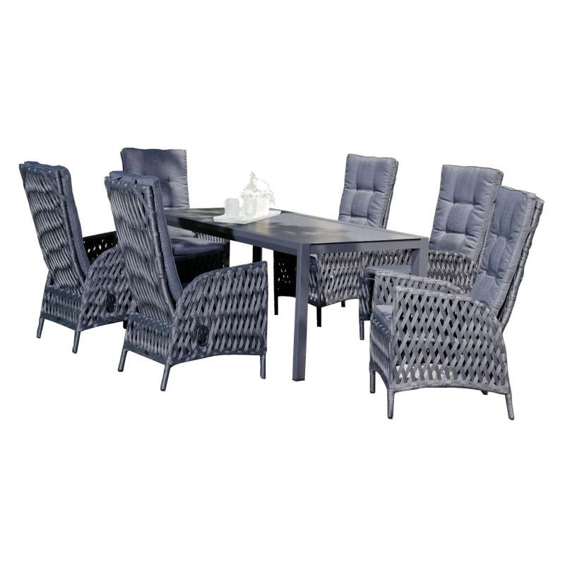 SunnySmart 7-teilige Sitzgruppe Para-Basic & Rondo Aluminium Polyrope metallic schwarz mit Tisch 180