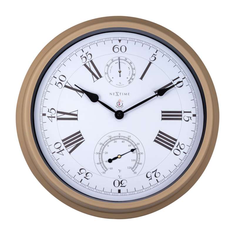 NeXtime Wanduhr Hyacinth Metall sand Ø 40,5 cm Innen/Außen Hygro-/Thermometer