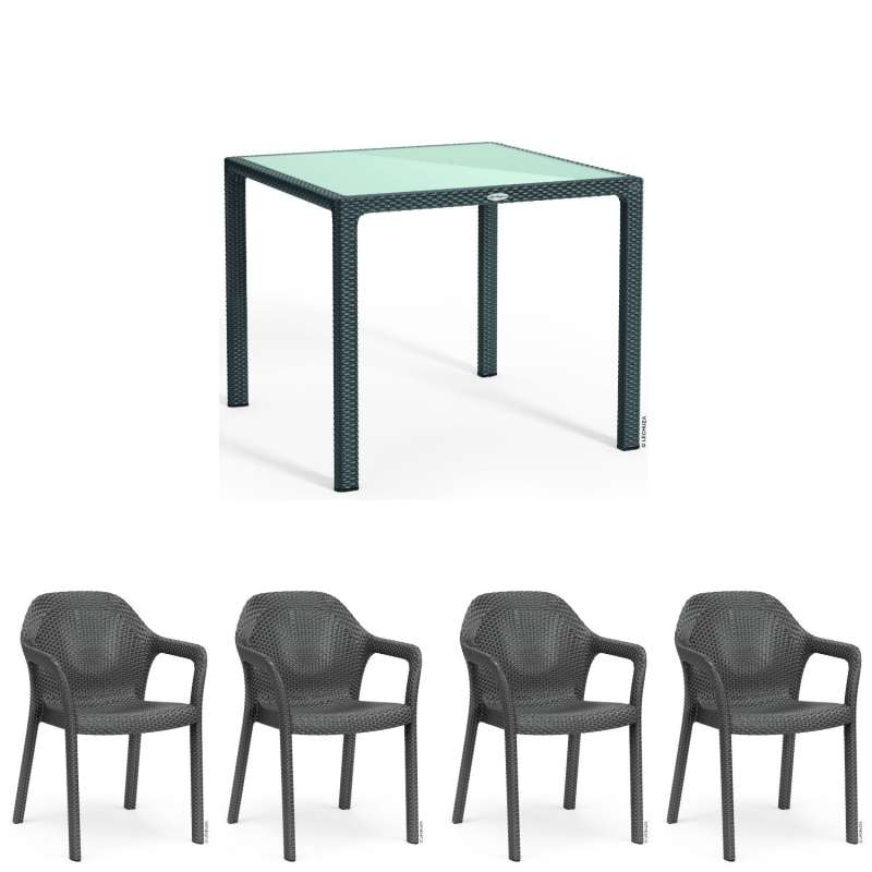 Lechuza 5-teilige Sitzgruppe Flechtstruktur granit Gartentisch Glasplatte 90x90 cm 4 Stapelstühle
