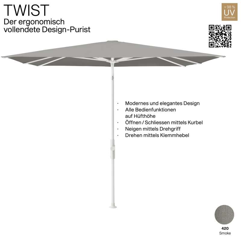 GLATZ Sonnenschirm TWIST 240 x 240 cm Gestell matt weiss Stoff Farbe 420 Smoke Mittelmastschirm